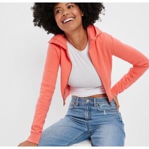 American Eagle Coral Pink Cropped Full Zip Hoodie Fleece Sweatshirt Small